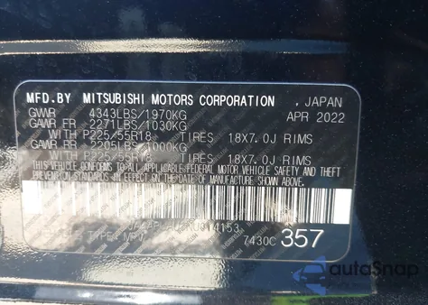 2022 Mitsubishi Outlander Sport 2.0 Be 2Wd/2.0 Es 2Wd/2.0 Le 2Wd/2.0 S 2Wd из США, поврежденный, VIN JA4APUAU1NU014153